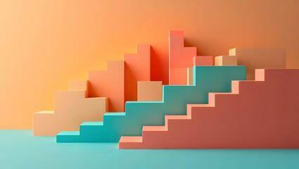 Fototapeta premium Abstract Pastel Orange and Teal Geometric Steps Minimalist Product Display Background