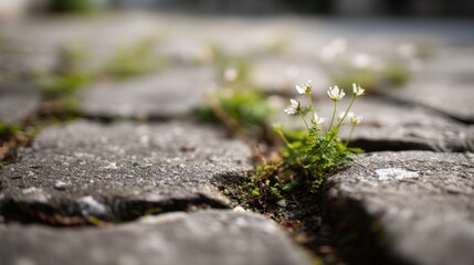 Tiny white flowering plants growing between weathered stone tiles in outdoor setting.