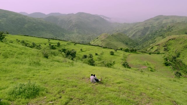 Aerial view of Rayta Hills in Udaipur, Rajasthan, India. Lush green mountains during the monsoon season &mdash; perfect for travel and holidays.