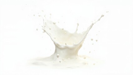 Milk Splash Crown: Dairy Liquid Action. A splash of white liquid, resembling milk, forming a crown-like shape against a plain white background. The frozen motion highlights the texture 