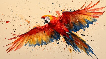 Vibrant Parrot in Flight, a dynamic watercolor illustration of a scarlet macaw taking flight, amidst a splash of vibrant color