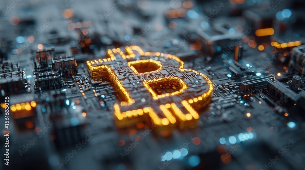 Poster close-up of glowing bitcoin symbol on digital circuit board with electronic components.