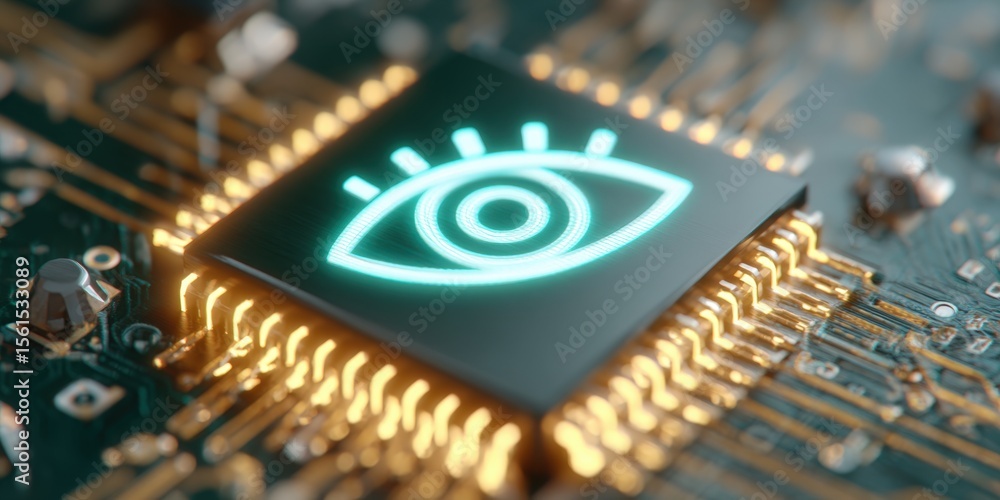 Poster close-up of a computer chip with glowing eye icon on circuit board technology background.