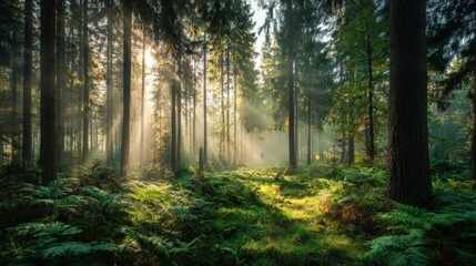 Naklejka premium Serene Forest Scene with Tall Trees Sunlight Filtering through Green Canopy.
