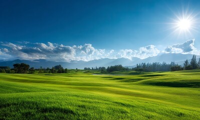 Obraz premium Beautiful green grass field landscape with a blue sky and sunlight, a golf course in the background. 