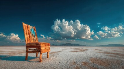 Scenic landscape with solitary wooden chair on salt flats under dramatic cloudy sky during daytime.