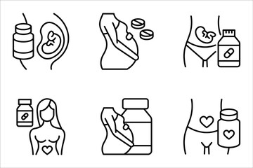 Supplements for pregnant women icon set. Pregnancy complementary medicines. vector illustration on white background