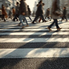 Fototapeta premium Urban crosswalk with diverse foot traffic motion blur on legs and cool morning shadows 