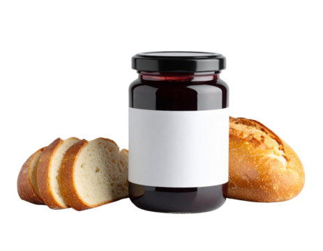 Glass jar with blank white label containing dark jam or preserve with sliced artisan bread on transparent background for food packaging mockup