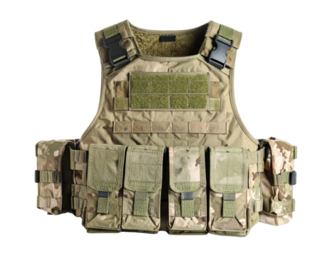 Military tactical vest with multiple pouches and MOLLE system in camouflage pattern isolated on transparent background