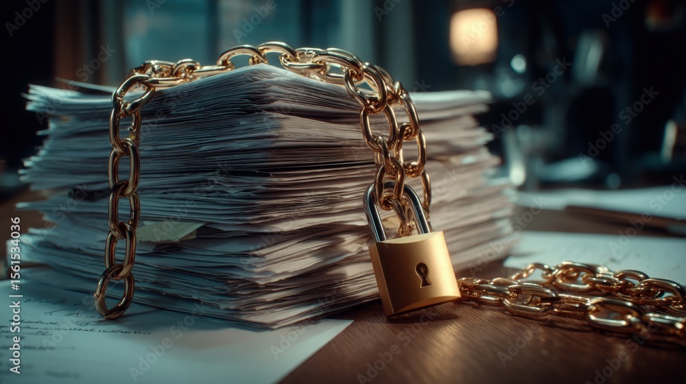 Poster large stack of paper documents secured with a gold chain and padlock for security.