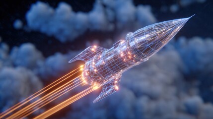 Futuristic Rocket Launching Over Clouds in Sci-Fi Night Sky