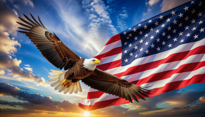 Majestic bald eagle flying in front of the American flag, dramatic sky, symbol of freedom and independence, highly detailed and realistic