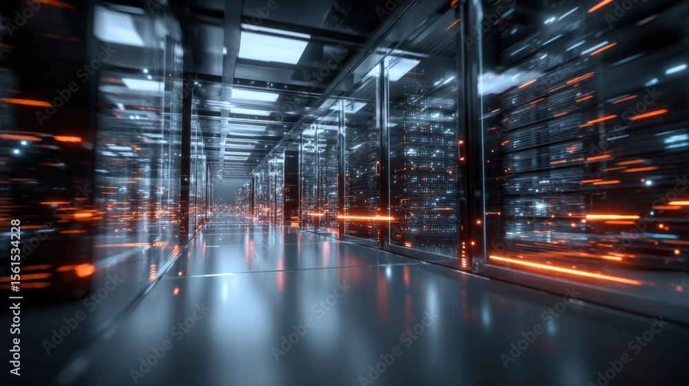 Poster modern data center with illuminated server racks in a high tech facility with digital glow.