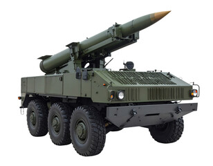 A powerful military missile launch vehicle, an embodiment of modern warfare and national defense, ready for strategic deployment against a transparent background.