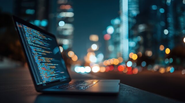 Modern laptop with open coding on a city street at night illuminated by city lights and skyscrapers.