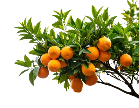 Orange tree branch with ripe citrus fruits and green leaves isolated