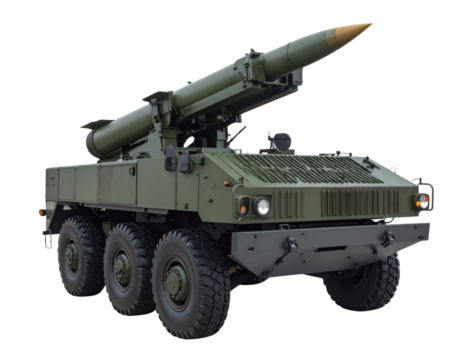 A powerful military missile launch vehicle, an embodiment of modern warfare and national defense, ready for strategic deployment against a transparent background.