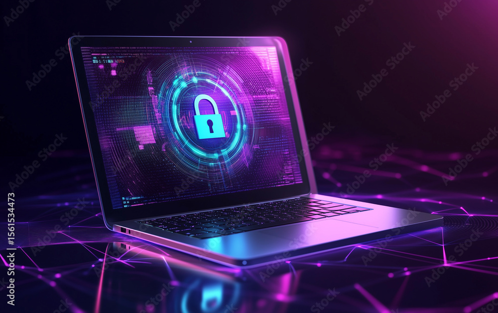 Aufkleber laptop displaying a digital padlock symbol on screen with a network background