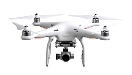 Futuristic drone with four rotors and embedded camera, hovering, isolated on transparent background, minimal shadows isolated on solid white background