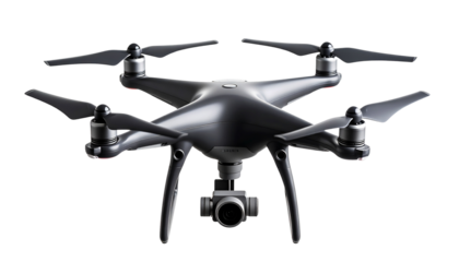 Futuristic drone with four rotors and embedded camera, hovering, isolated on transparent background, minimal shadows isolated on solid white background Png