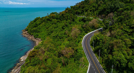 Aerial view of  landscape view from flying drone in Nature as coastline of road way scenic view