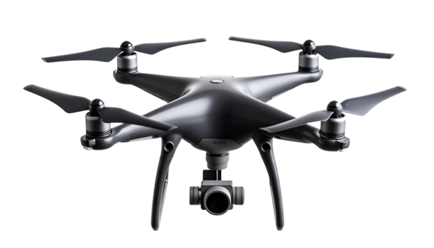 Futuristic drone with four rotors and embedded camera, hovering, isolated on transparent background, minimal shadows isolated on solid white background Png