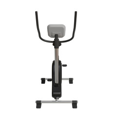 a stationary upright exercise bike, showcasing its gray and black frame, handlebars, seat, pedals, and stable base with small transport wheels.  The design is sleek and compact