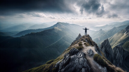 Solo hiker on narrow rocky mountain summit, arms outstretched under dramatic cloudy sky. Inspirational adventure landscape background for travel, success, freedom campaigns