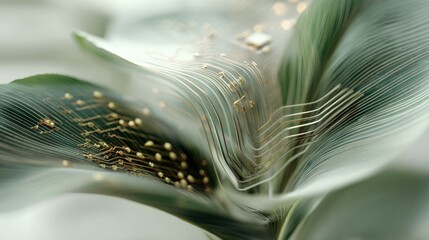 Close-up of a futuristic digital leaf with circuit details and glowing elements.