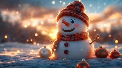 A festive snowman in the snow, with hat and scarf, during sunset with ornaments - Powered by Adobe