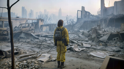 Woman in yellow hazmat suit with backpack standing in post-apocalyptic urban ruins. Destroyed buildings and debris aftermath scene