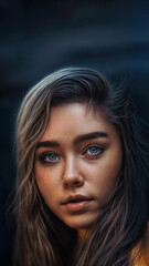 Young caucasian woman portrait with intense blue eyes and light brown wavy hair. Nose ring piercing. Natural makeup closeup headshot on dark studio background for beauty skincare ad banner