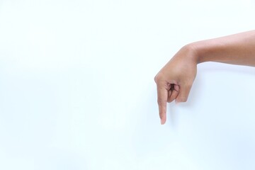 The index finger gesture is pointing down. The index finger is pointing down on a white background.