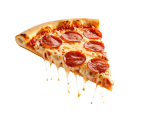 Hot pepperoni pizza slice with melted cheese dripping and crispy crust on transparent background for food design