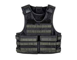Black tactical vest with MOLLE webbing system and adjustable straps isolated on transparent background for security equipment design