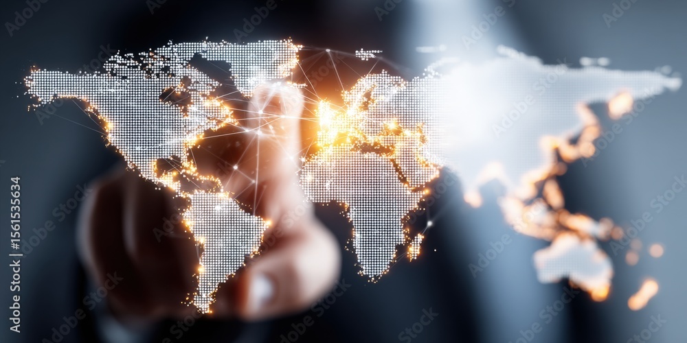 Poster modern digital world map with illuminated continents and interconnected technology.
