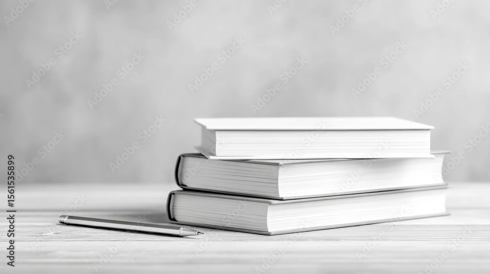 Poster stack of five closed books with pen on white desk in minimalist workspace scene.