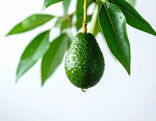Fresh avocado with water droplets hanging from green leafy branch on tree