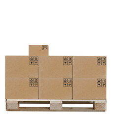 A pallet of uniformly sized cardboard boxes, neatly stacked and secured, ready for shipping or...