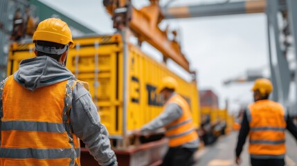 Construction workers wearing safety helmets installing panels on industrial construction site.
