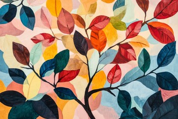 Fototapeta premium Colorful abstract leaves on branches, painted design, background of blurred soft colors. Possible use print, wallpaper