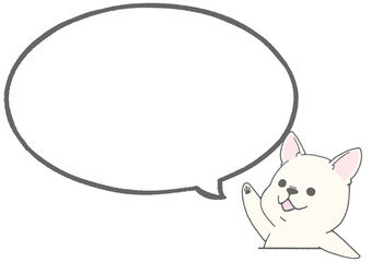 Speech bubble with illustration of a Cute French bulldog raising hand 2 (white)