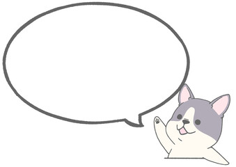 Speech bubble with illustration of a Cute French bulldog raising hand 2 (pied)