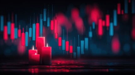 Stock Market Candlestick Chart with Red and Blue Digital Financial Data.