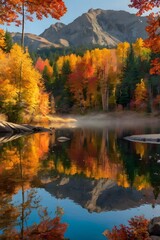 Obraz premium Autumn Mountain Reflections in Vibrant Gold and Red Tones