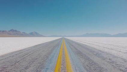 A paved road stretches across a vast, white salt flat, leading to a distant mountain range under a clear blue sky