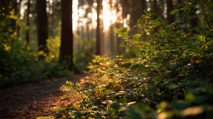 Serene forest trail at sunset with lush greenery and tall trees in natural light.