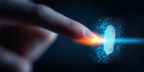 Close-up of finger pressing holographic interface with glowing light and digital effect.