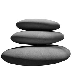 Three smooth, grey, oval-shaped stones are meticulously stacked, creating a balanced, serene image. Subtle shadows enhance the stones' texture and form.  The top stone is slightly smaller than